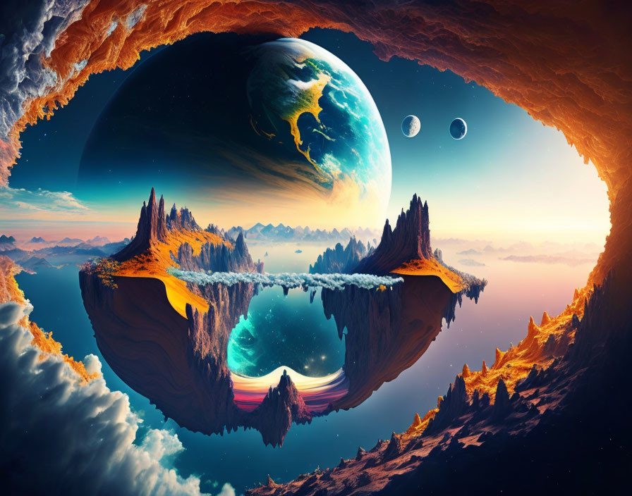 Fantastical cosmic landscape with rocky formations and Earth view reflected in water