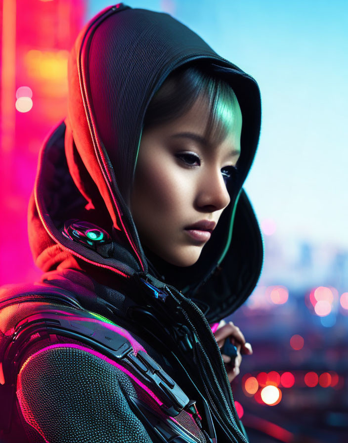 Green-tinted hair person in futuristic hoodie against neon-lit cityscape