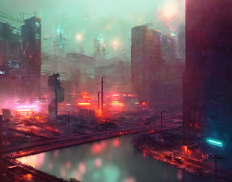 Futuristic neon-lit cityscape with towering buildings at dusk