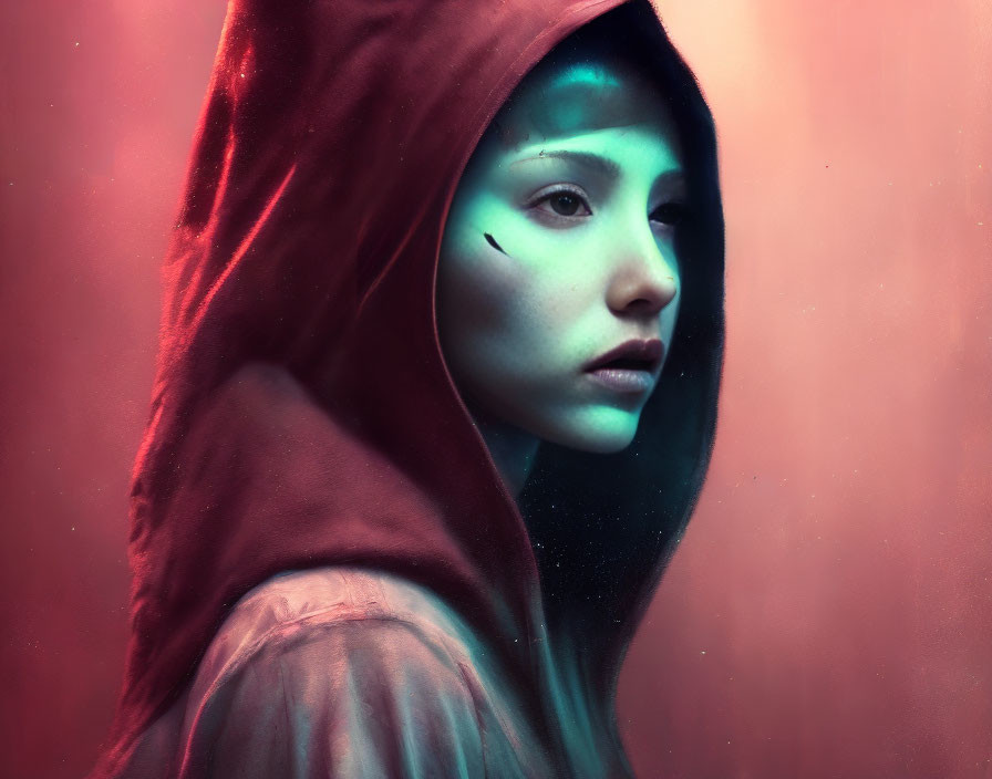 Ethereal blue-skinned woman in red cloak on pinkish-red background