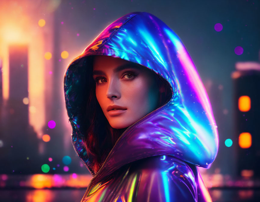 Striking-eyed woman in iridescent jacket against city lights at twilight