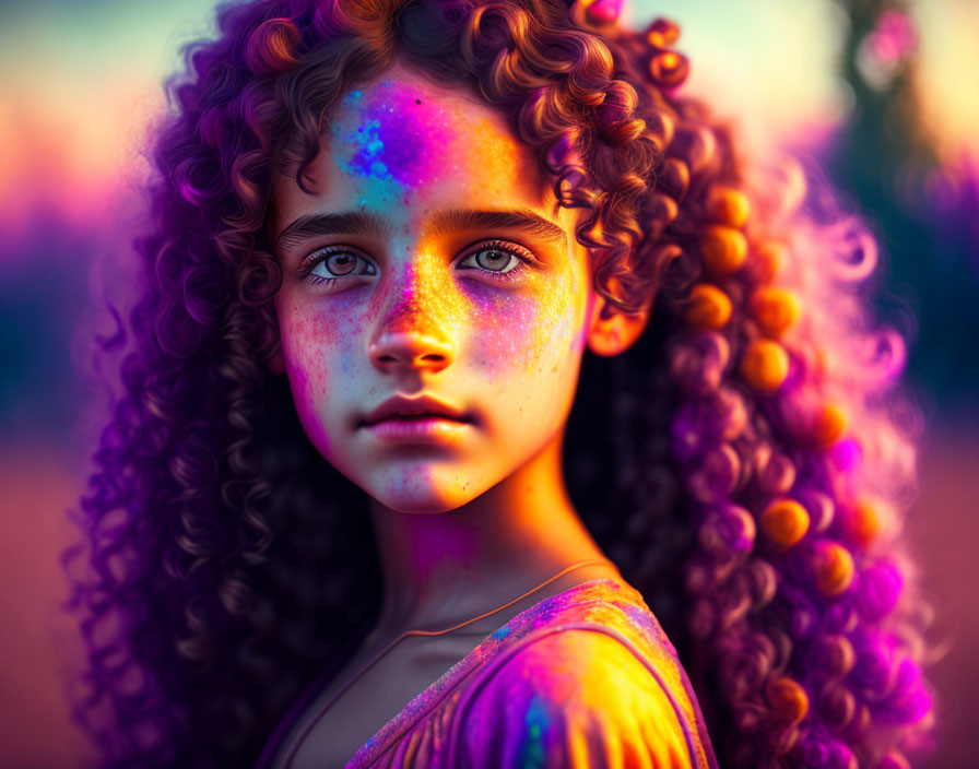 Curly-haired girl with colorful powder on face in front of purple background