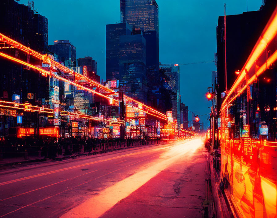 Urban night scene: vibrant city street with red light trails, neon signs, and illuminated buildings.