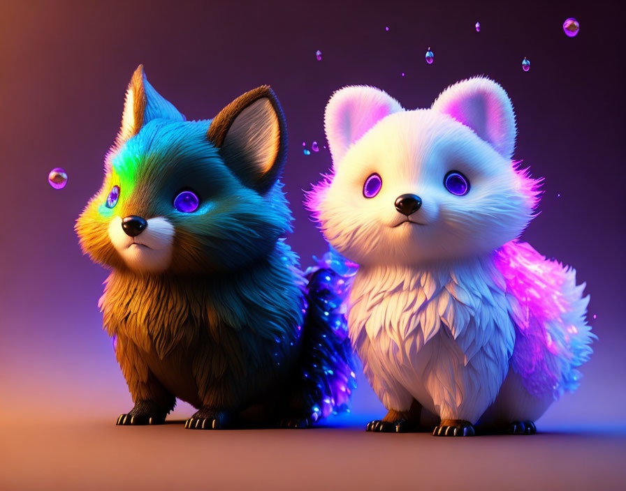 Colorful 3D-rendered creatures: fluffy foxes with luminous eyes under glowing bubbles