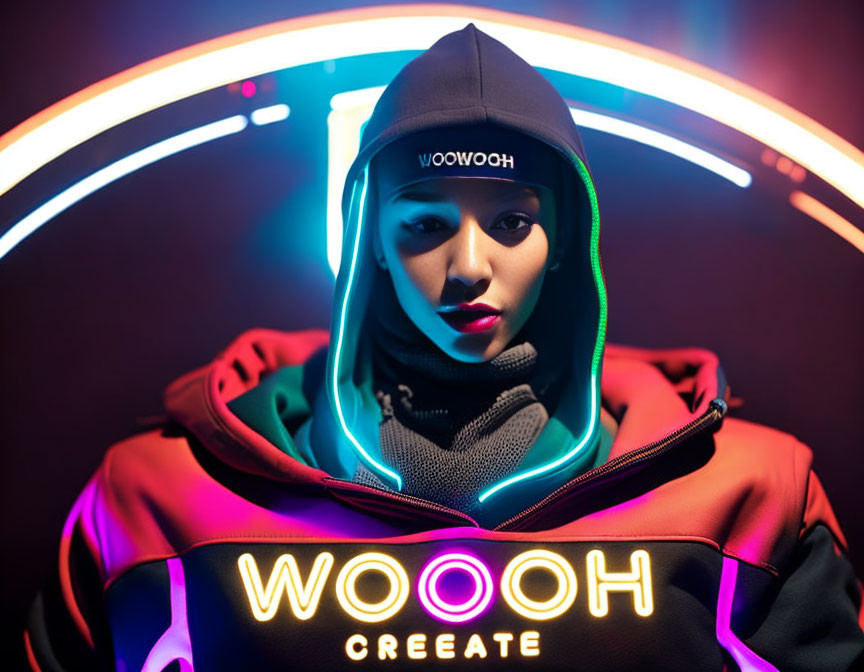 Hooded figure with neon lights and "WOOOH CREATE" on jacket