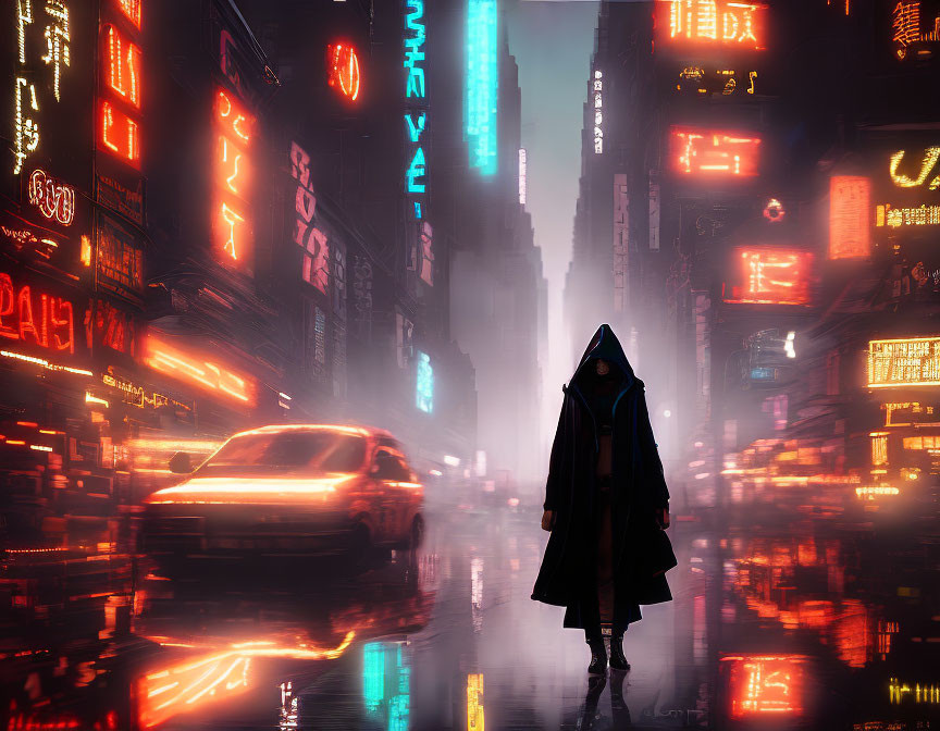 Cloaked figure in rainy urban street with neon signs