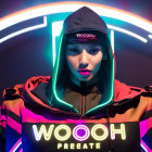 Hooded figure with neon lights and "WOOOH CREATE" on jacket