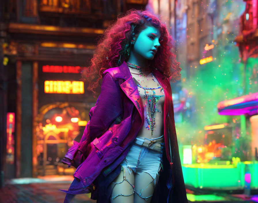 Curly-Haired Woman in Purple Jacket on Neon-Lit Urban Street