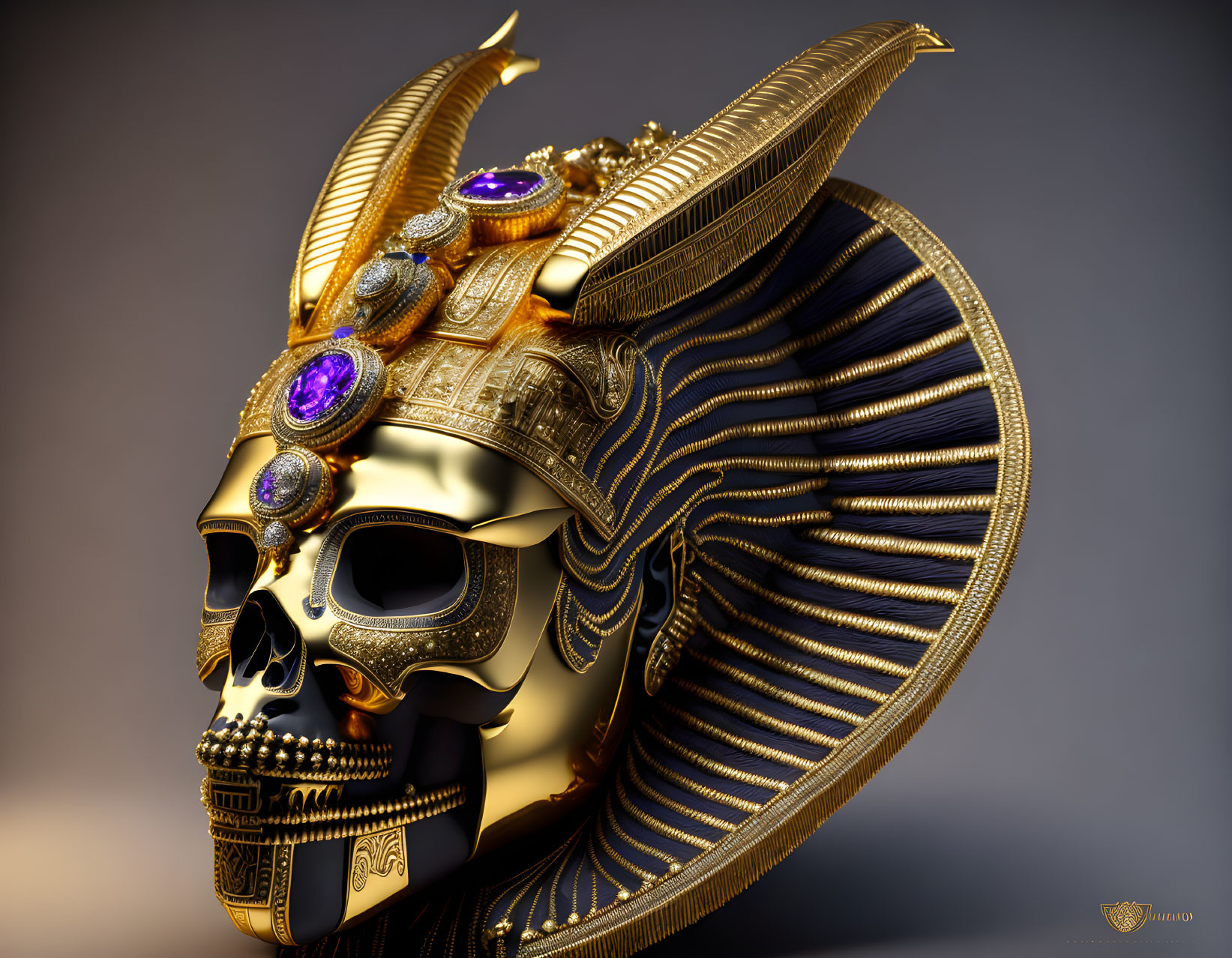 Golden Skull with Egyptian Pharaoh Headdress and Purple Gemstones