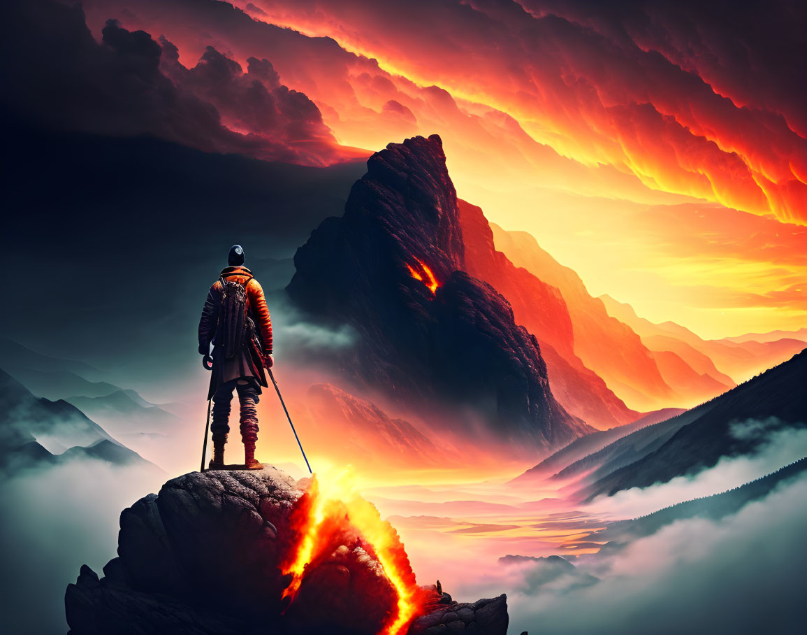 Adventurer overlooking volcanic landscape with fiery skies