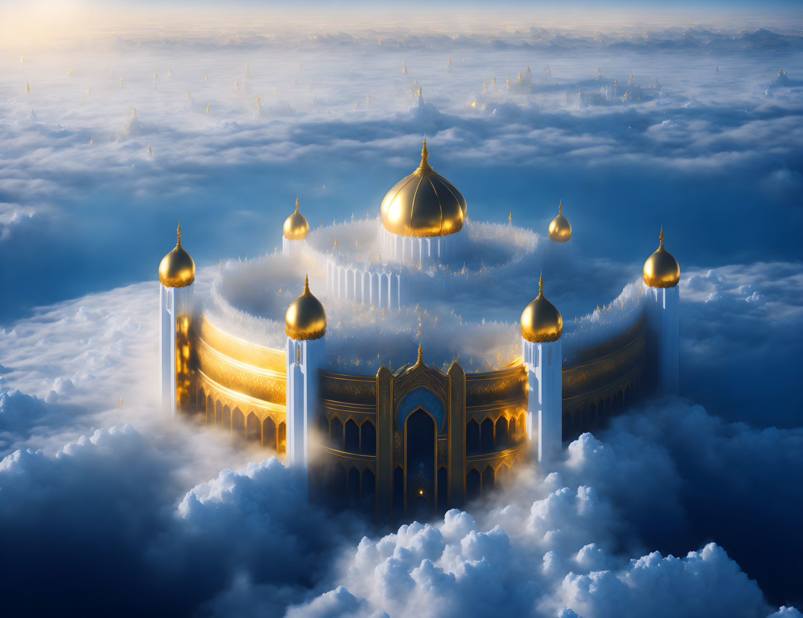 Golden palace with domes and spires floating above dramatic sky.