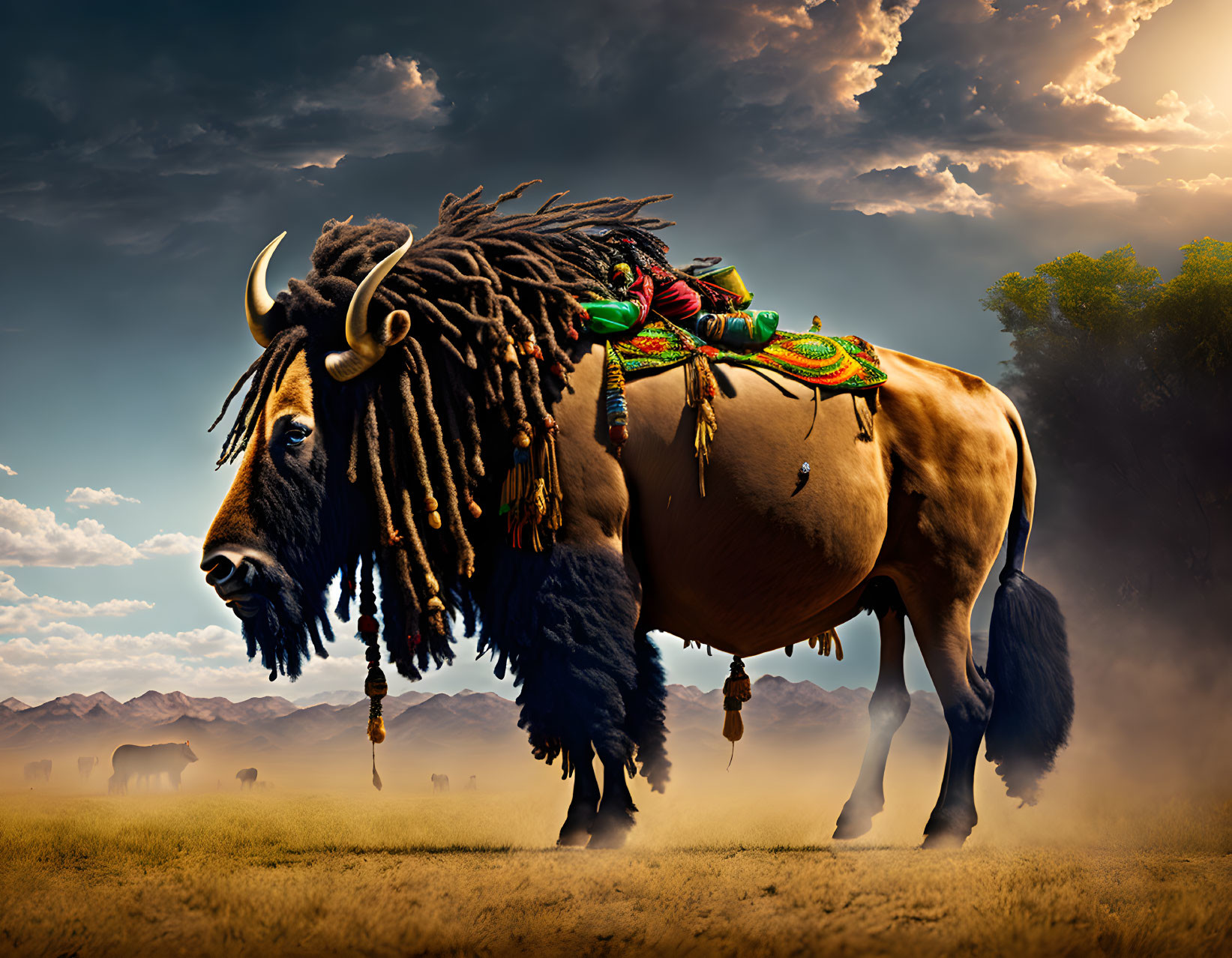 Ornamented bull with lush mane in dusty field under dramatic sky