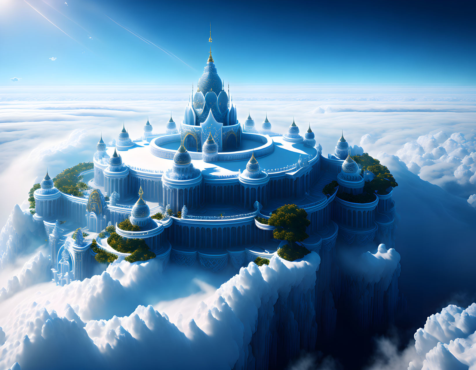 Ethereal fantasy palace above clouds with spires in blue and white.