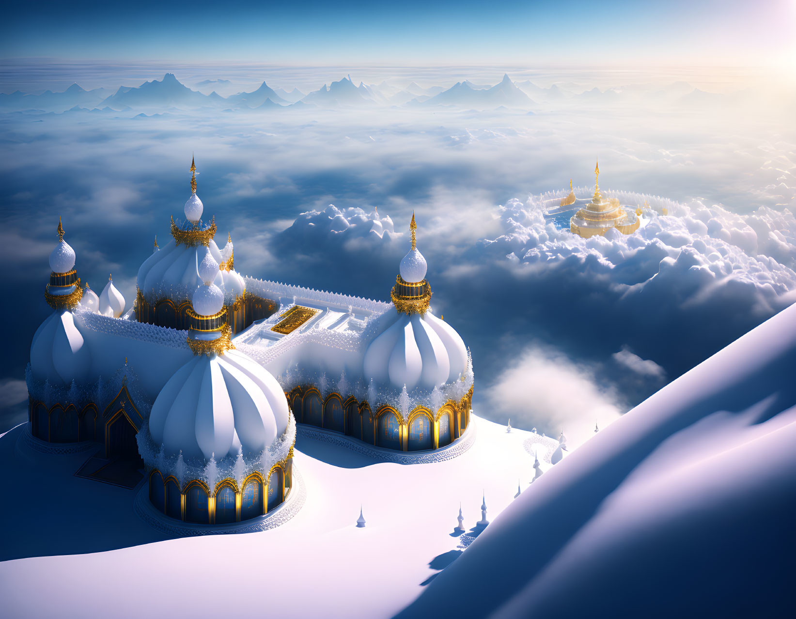 Majestic palace with white and gold domes on snowy mountain peak