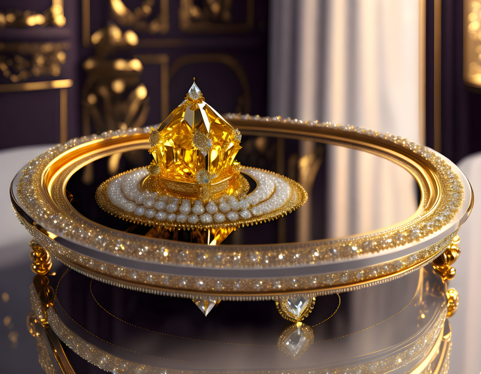 Intricate Golden Crown with Gemstone on Pearl Stand in Lavish Purple and Gold Room