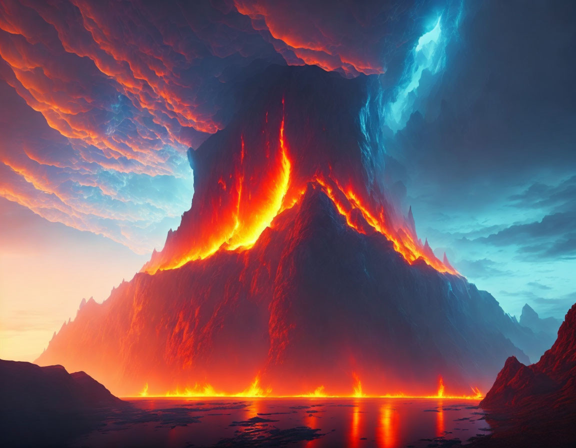 Surreal volcanic mountain landscape with glowing lava, blue lightning, and red sky