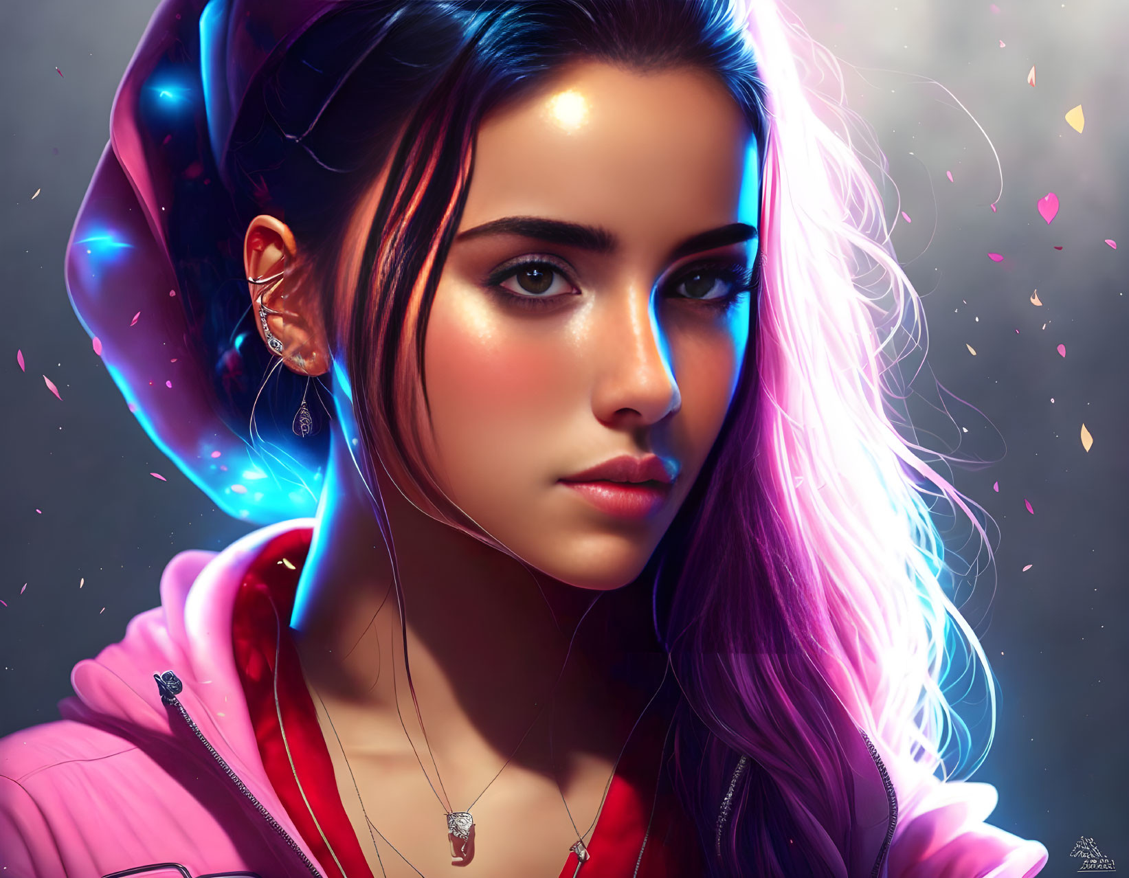 Digital Artwork: Young Woman with Pink Hair and Headphones