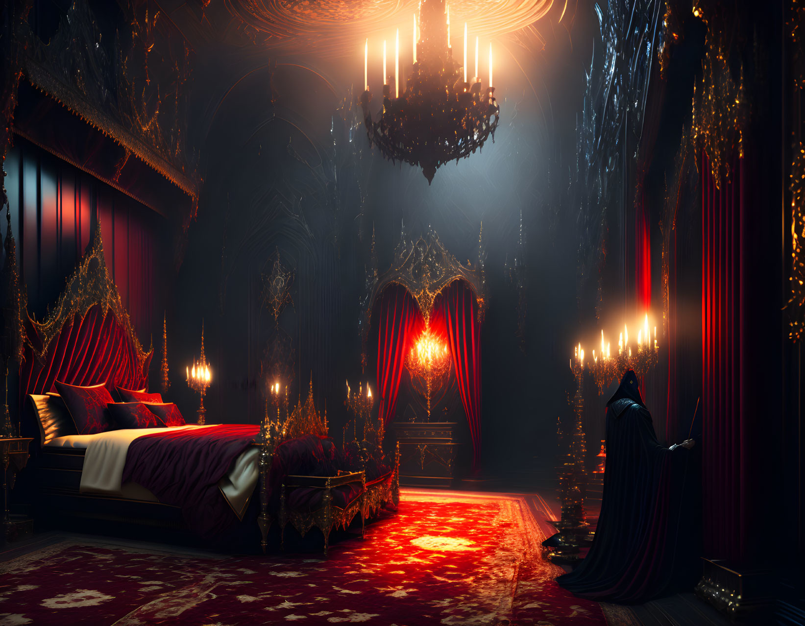 Opulent Gothic bedroom with large bed, red drapery, chandeliers, and cloaked