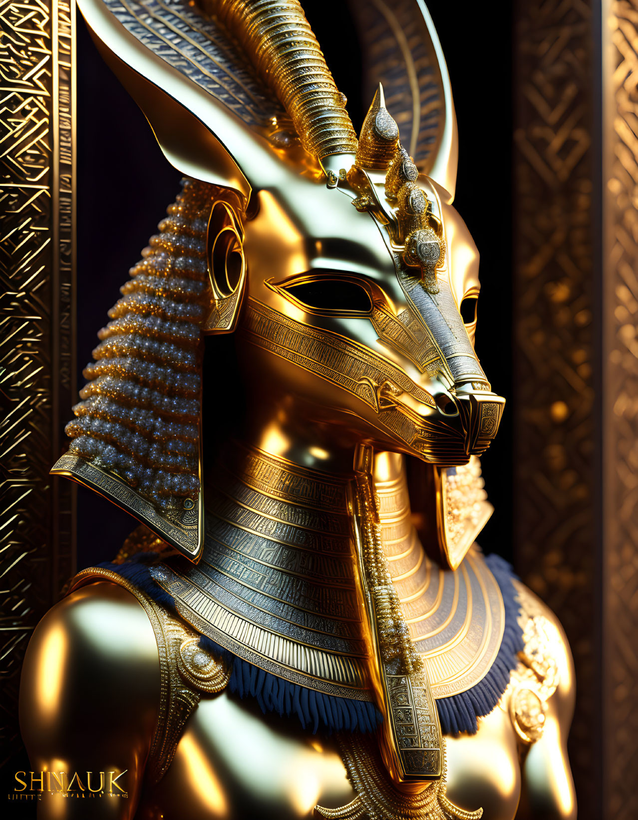 Golden statue of ancient Egyptian deity with jackal head and ornate armor on hieroglyph background