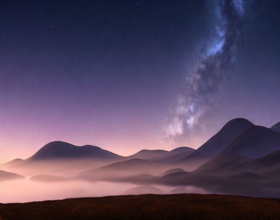 Serene night landscape with misty hills and starry sky