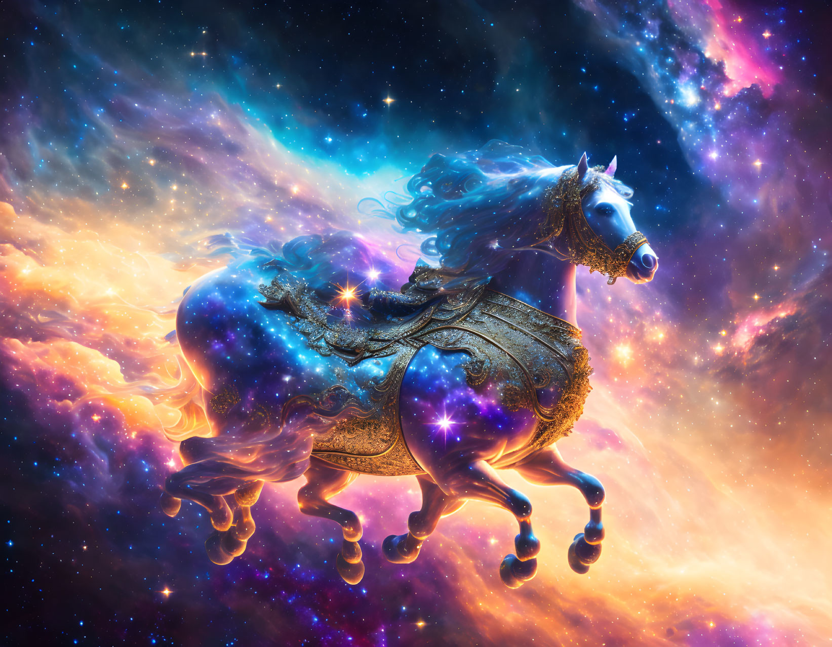 Majestic cosmic horse with starry mane in nebulaic space