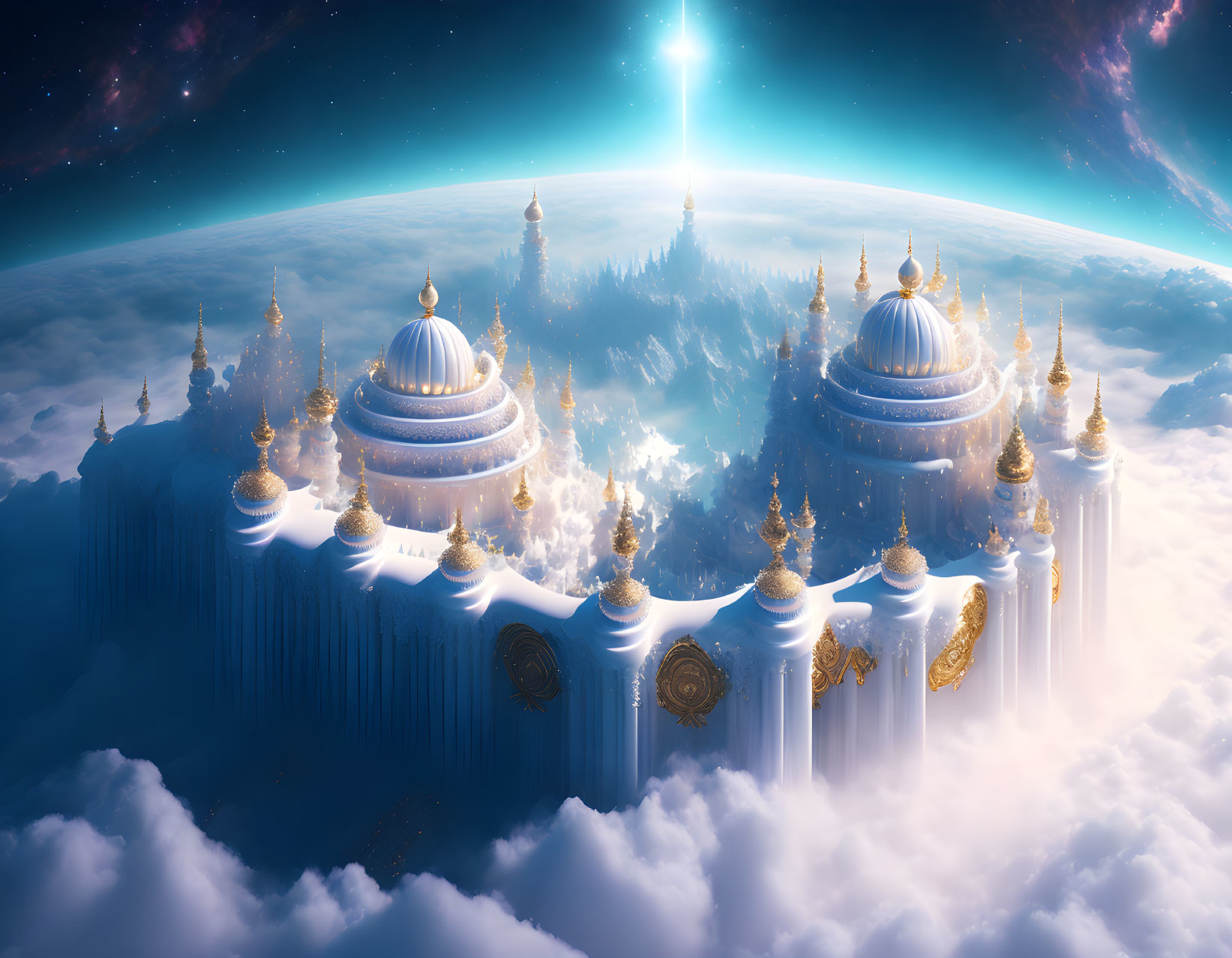 Floating city with ornate domed structures in space