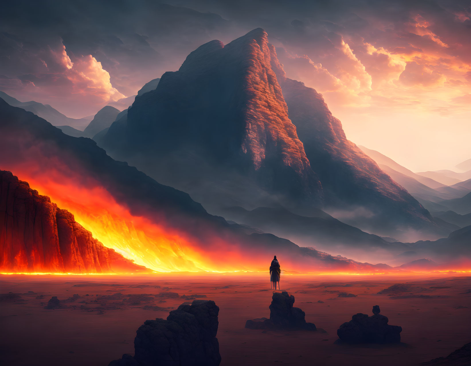 Solitary figure facing lava flow at base of misty mountain