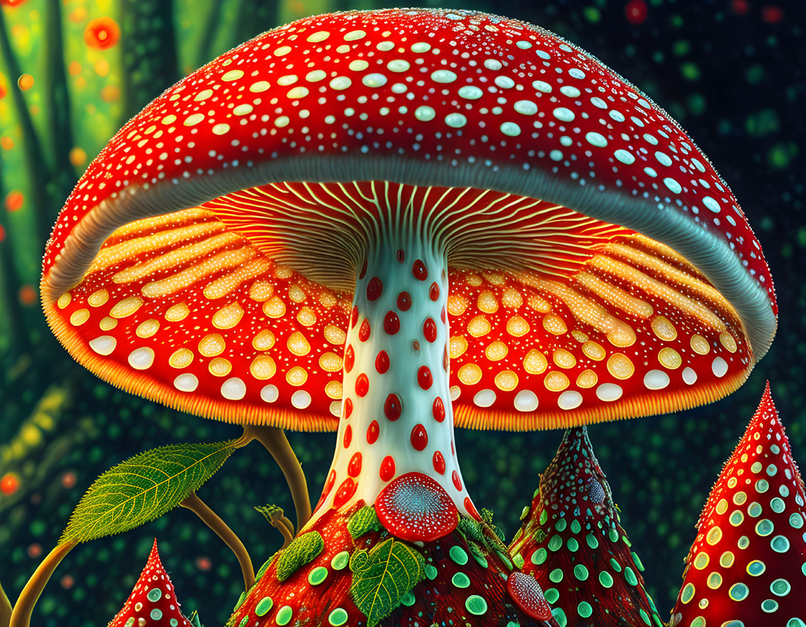 Colorful red mushroom surrounded by white-spotted mushrooms and green leaves on bokeh background