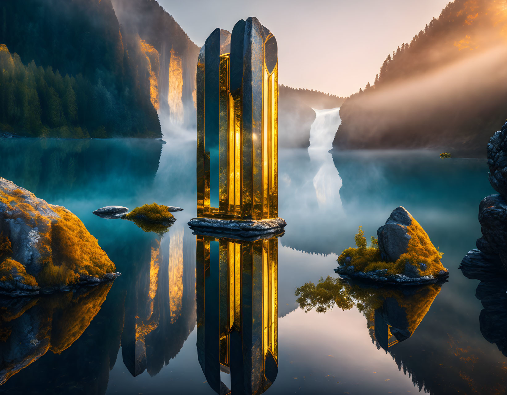 Surreal landscape with reflective lake, golden monolith, misty waterfall, and sunbeams