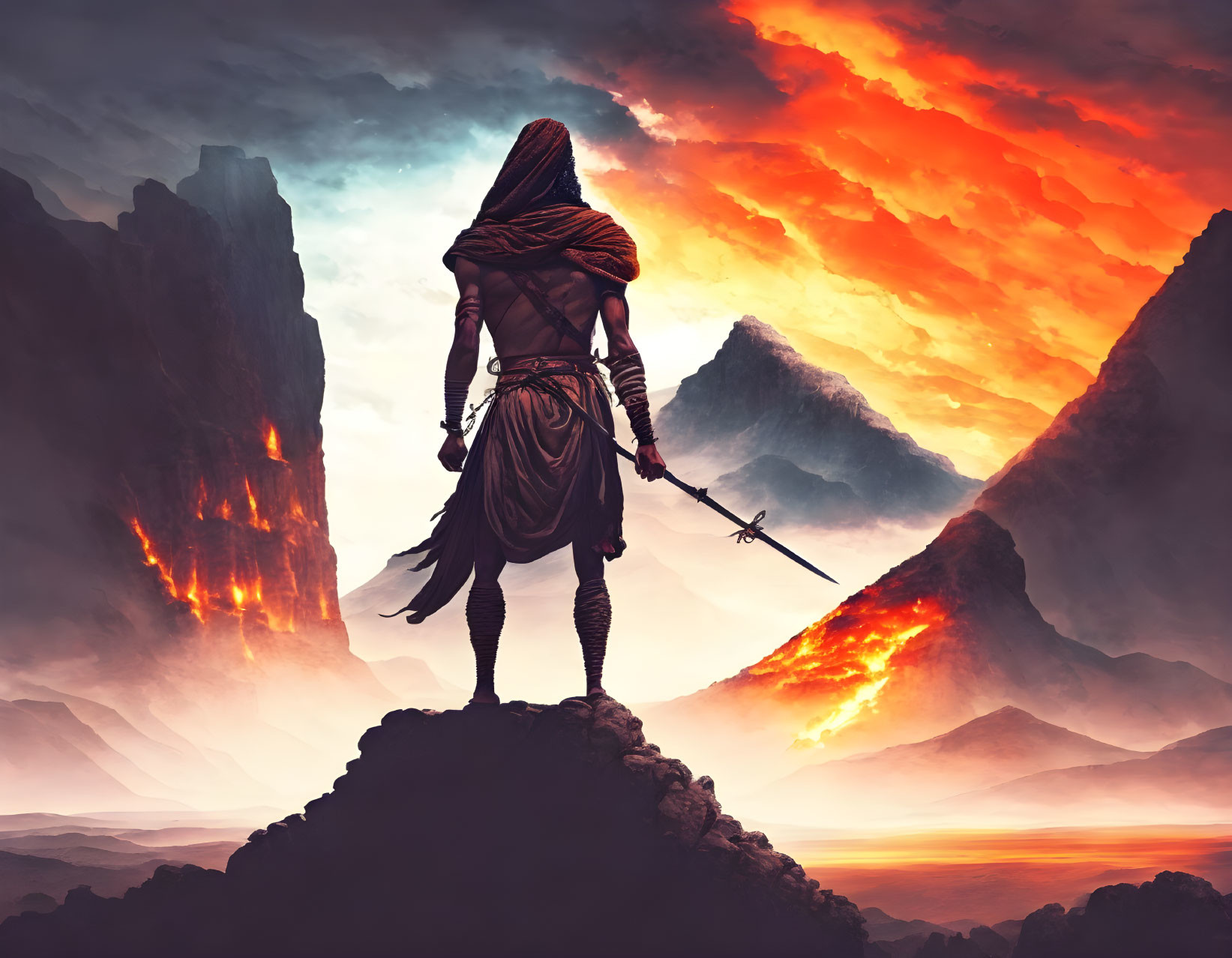 Cloaked figure with sword on mountain gazes at fiery sky