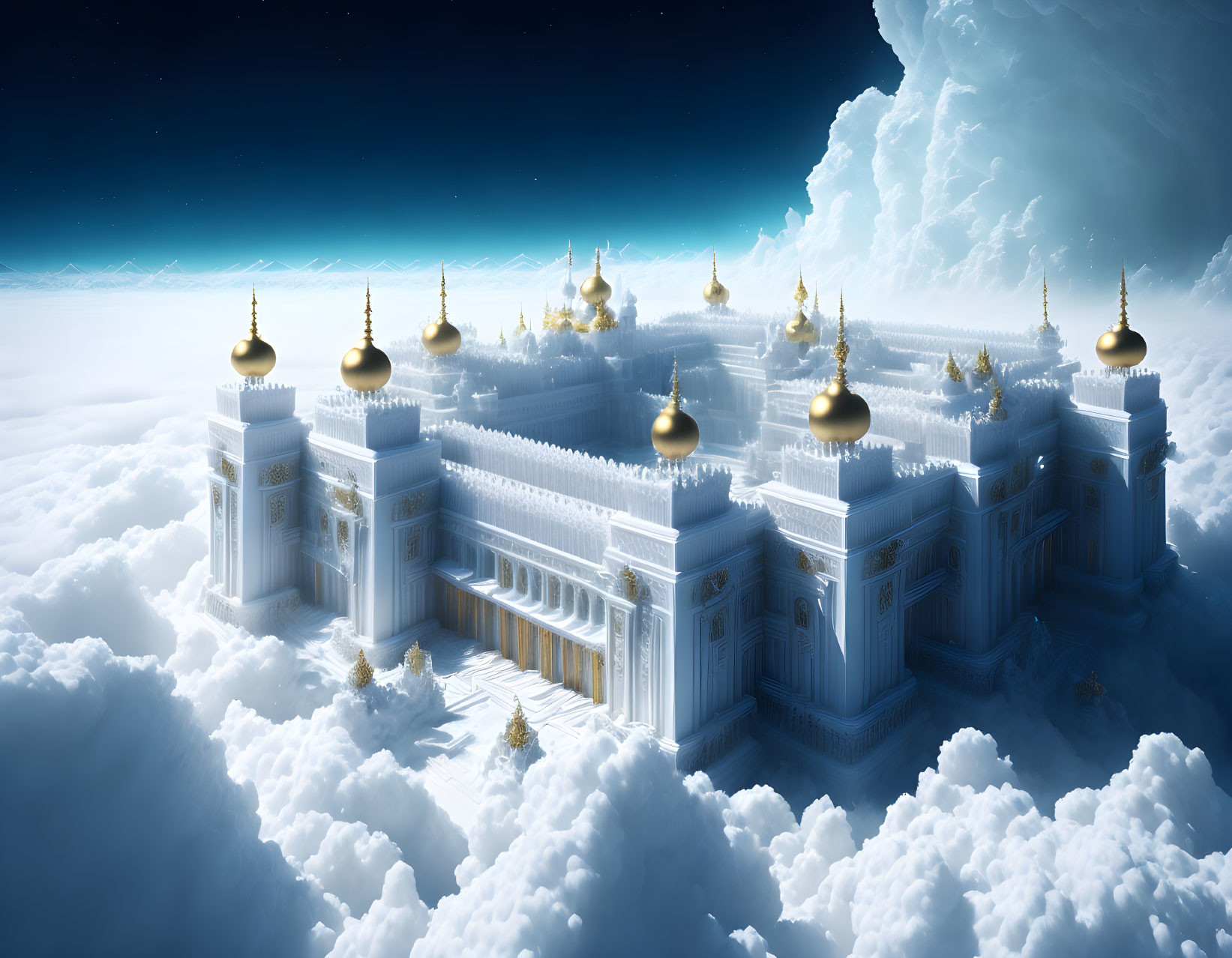 Golden domed palace on fluffy clouds against serene blue sky