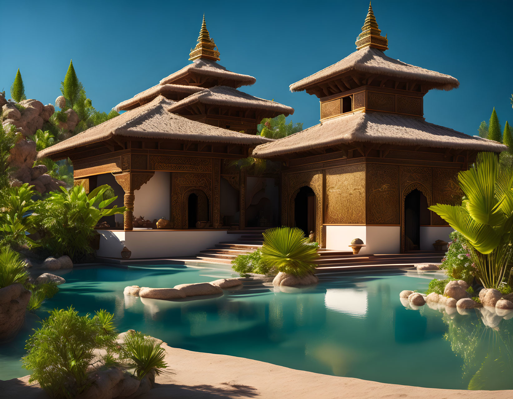 Luxury Resort with Traditional-Style Buildings and Serene Blue Pool