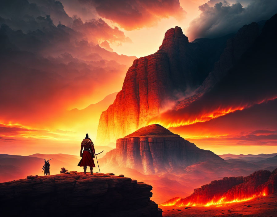 Cloaked figure on rocky cliff gazes at fiery landscape