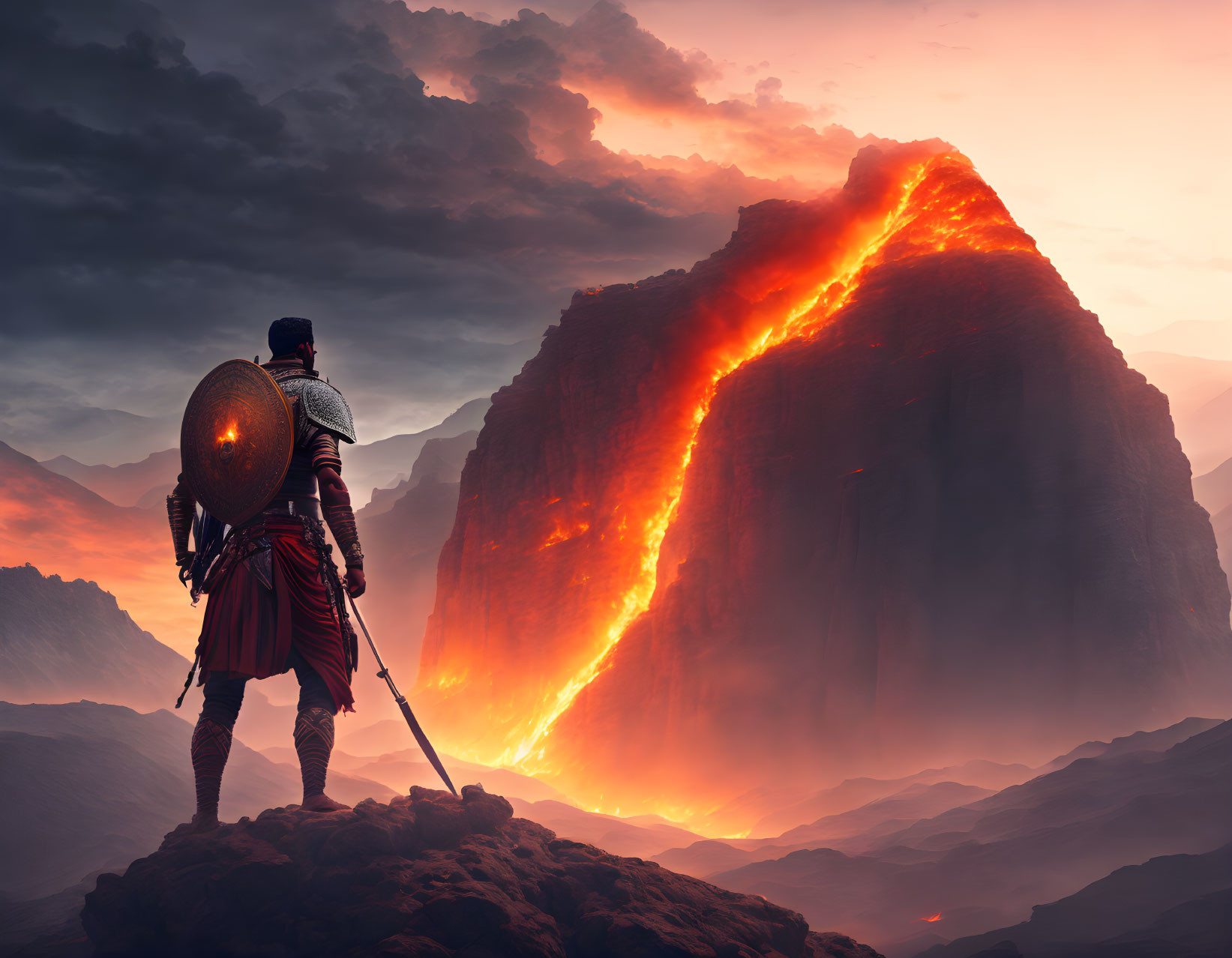 Armored warrior gazes at erupting volcano in dramatic scene