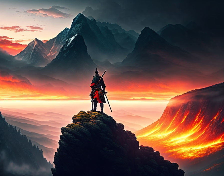 Warrior overlooking volcanic landscape with lava flows and sunset-lit peaks