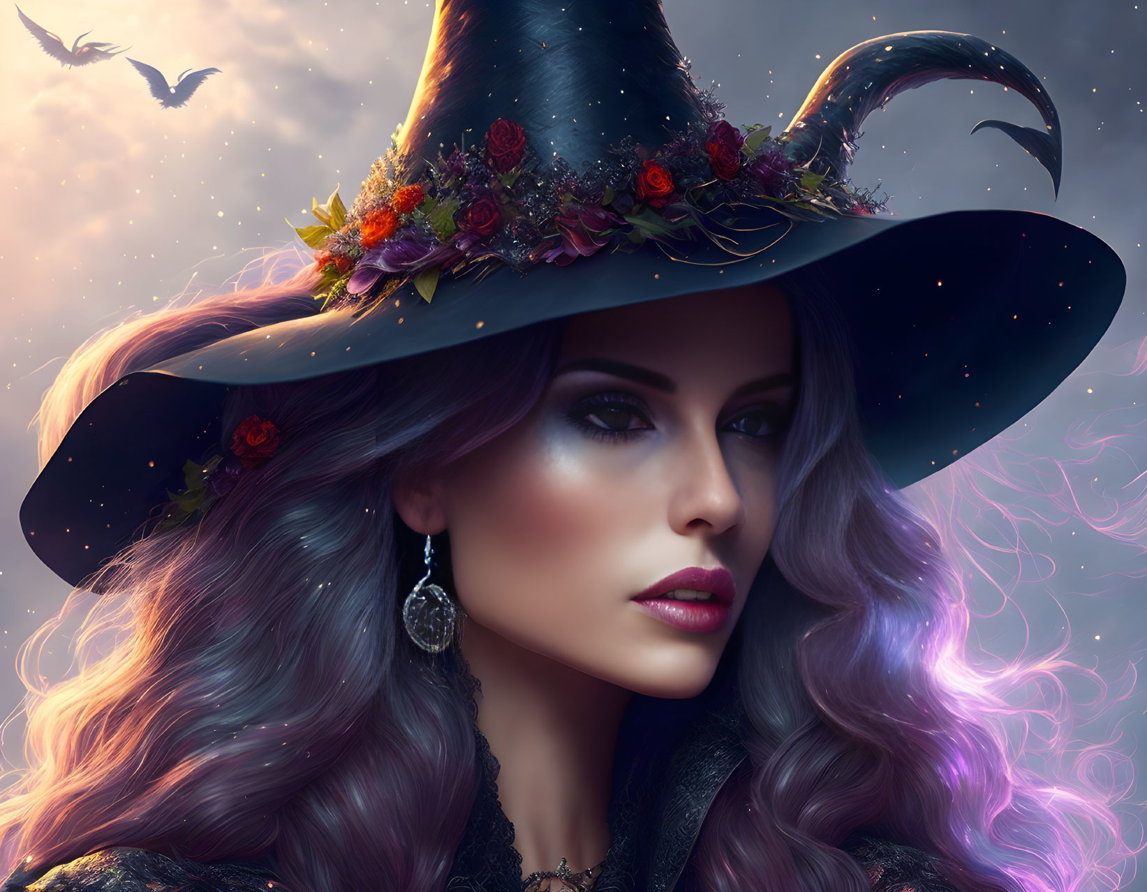 Digital artwork: Woman with purple hair in flowered witch's hat under dusk sky.