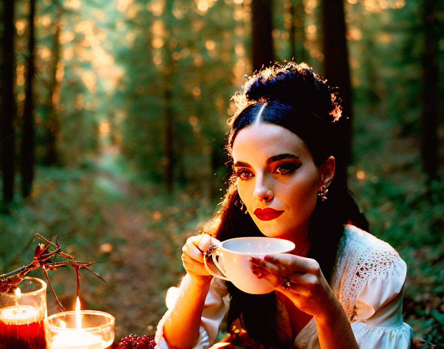 Dark-haired woman sipping tea in forest setting with candles and berries