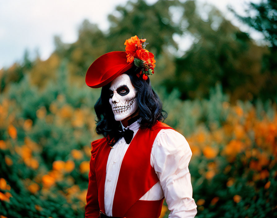 Skeleton makeup person in red floral hat, red vest, and white shirt among orange flowers