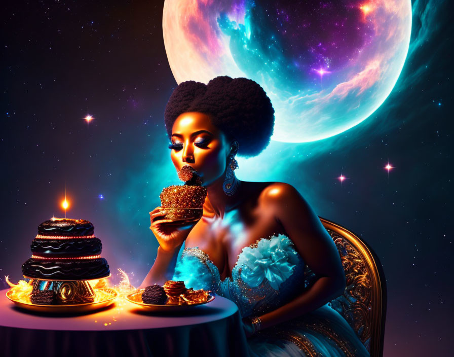 Woman with Afro hairstyle eating burger in cosmic setting