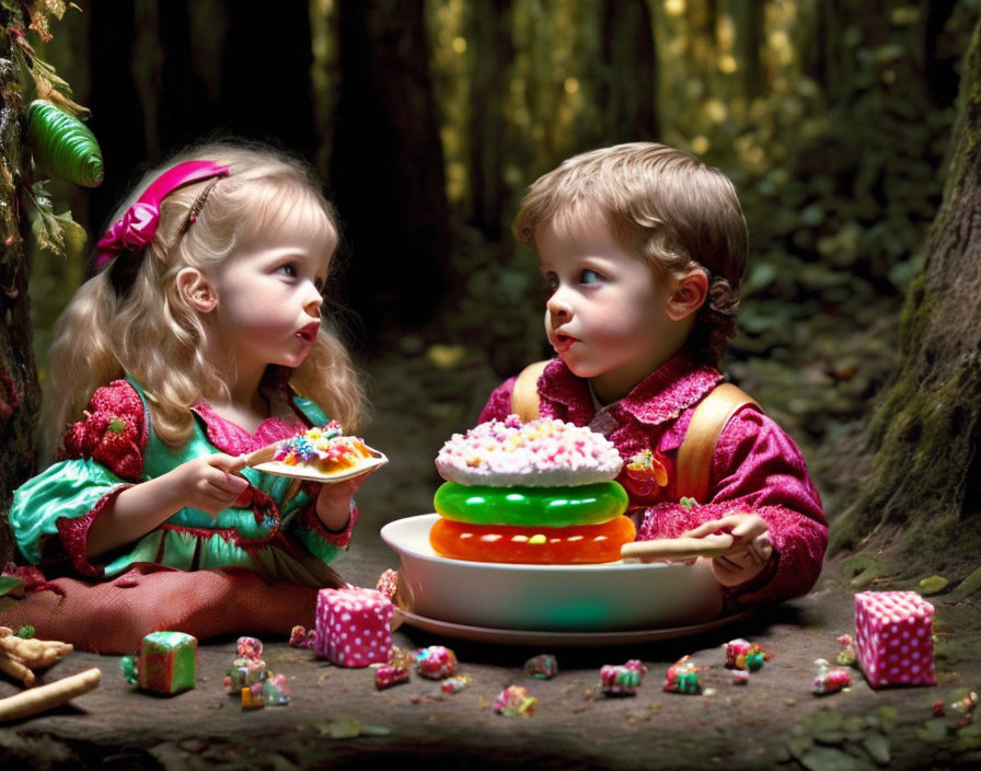 Children sharing colorful jelly dessert in forest setting with sweets and greenery.