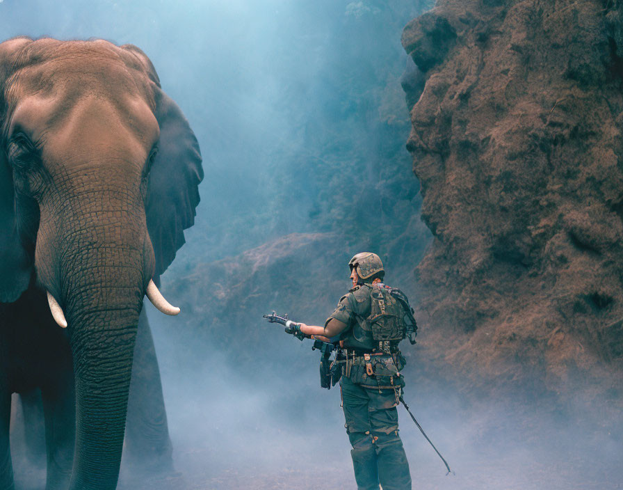 Soldier in tactical gear faces elephant in rocky terrain