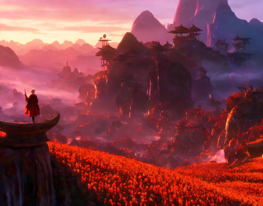 Tranquil sunset landscape with person in red cloak on cliff overlooking mystical valley.