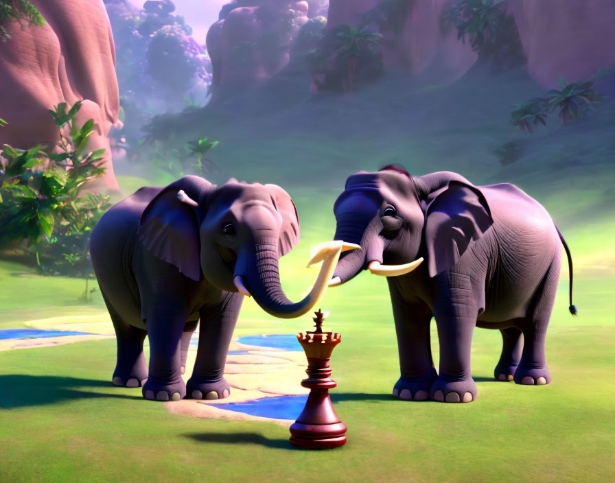 Animated elephants with king chess piece in mystical landscape