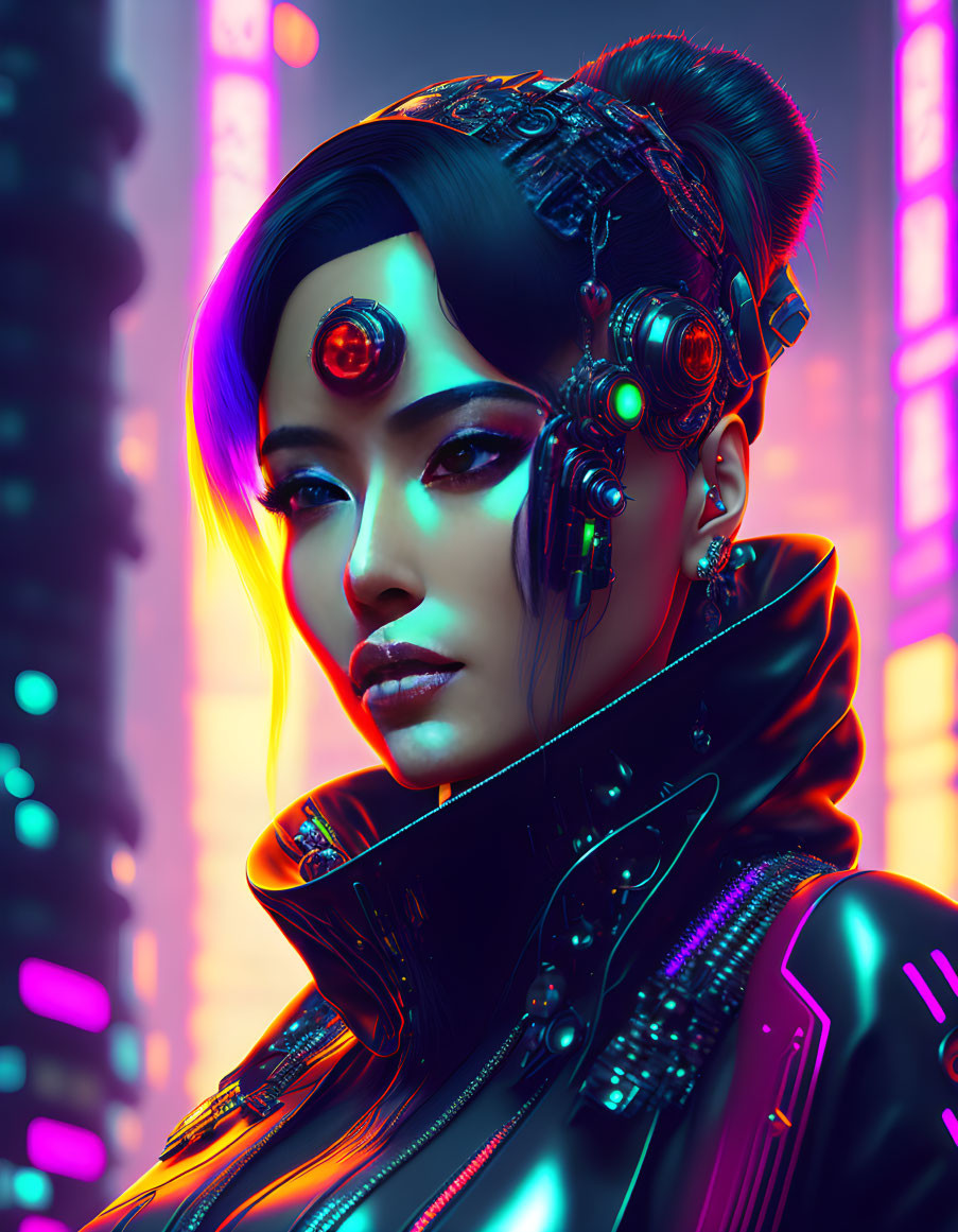 Futuristic female with cybernetic enhancements and neon lighting.