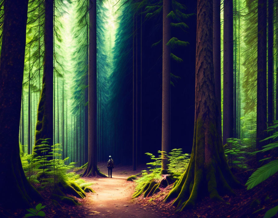 Solitary figure in forest path with moss-covered trees and sunlight