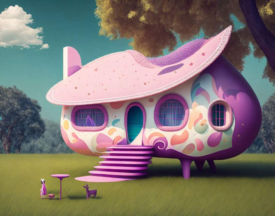 Whimsical purple house with pink hat-like roof in fantasy landscape