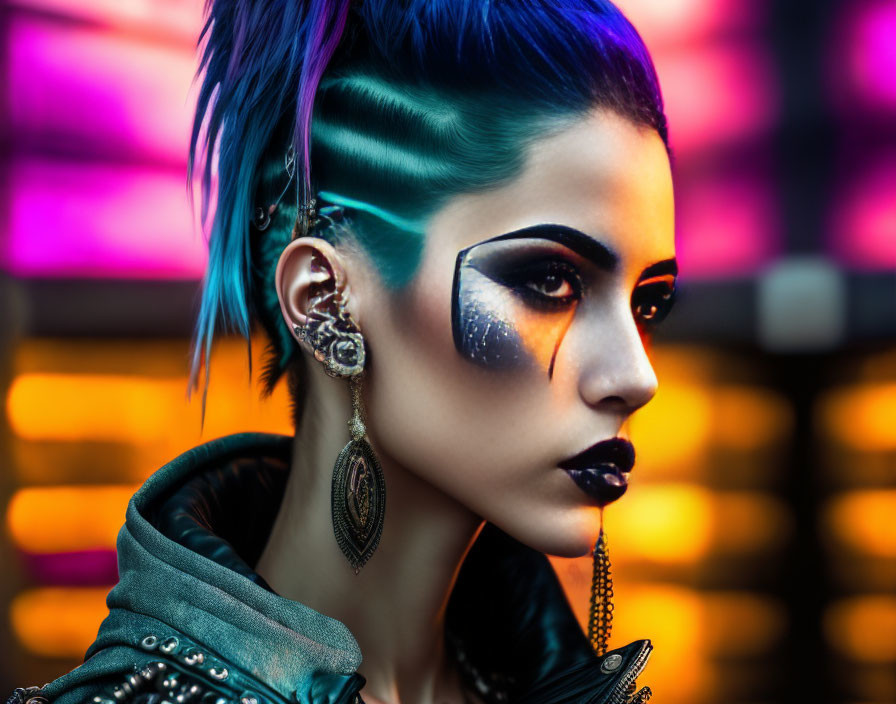 Striking blue hair woman with dramatic makeup and piercings