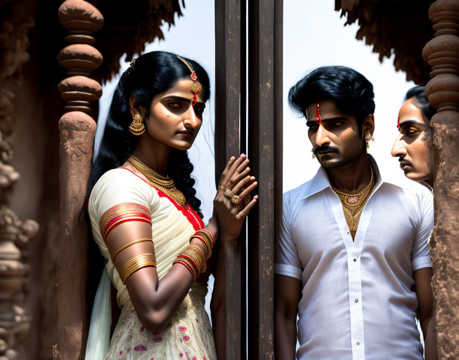Traditional Indian woman in gold jewelry gazes at man by door