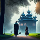 Foggy forest path with silhouetted trees and people walking