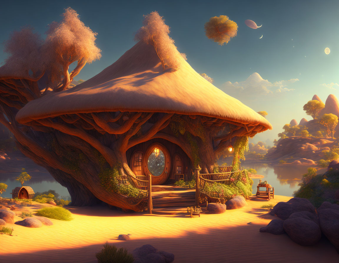 Illustration of oversized mushroom-shaped treehouse in serene twilight landscape